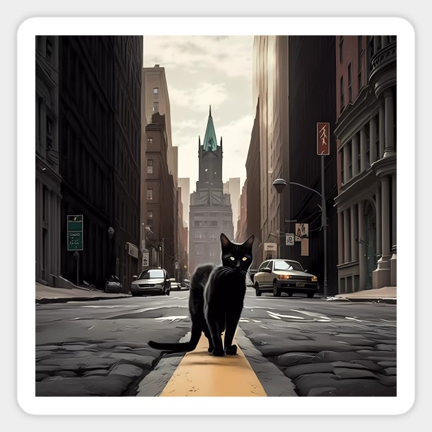 Digital art, Black Cat walking down a street in the city Sticker Sticker by MeatLuvers